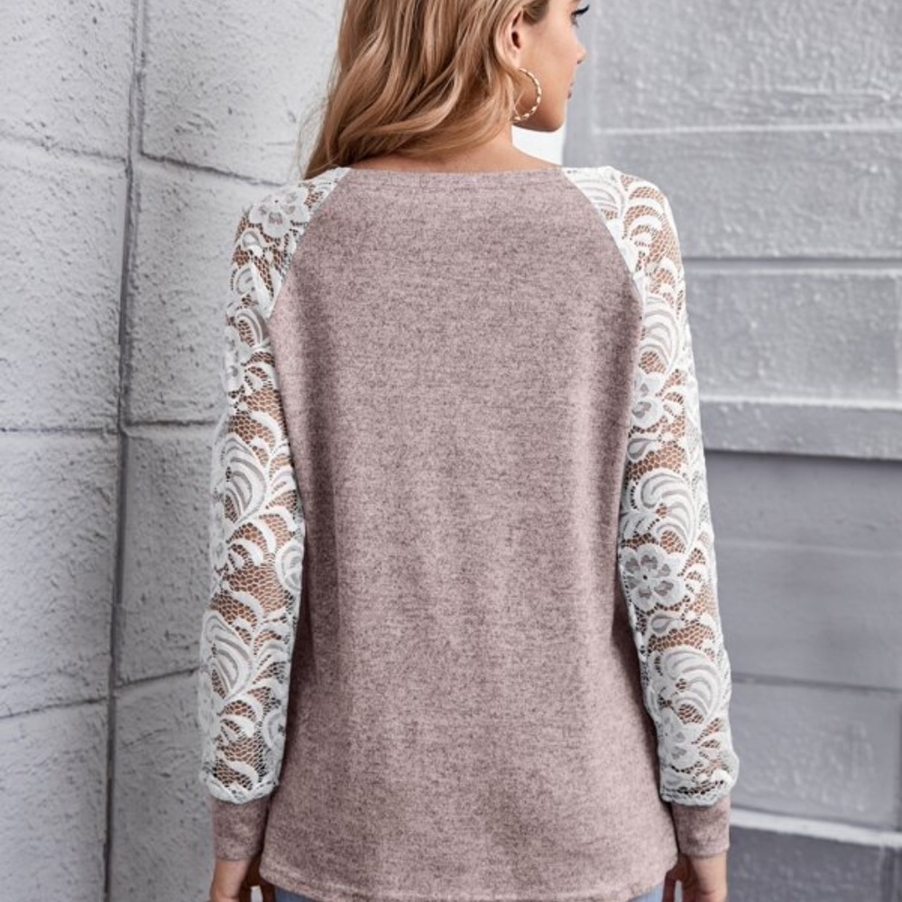026 Cozy Boho Mauve Floral Lace Sheer Sleeve Top - Picture 2 of 3
